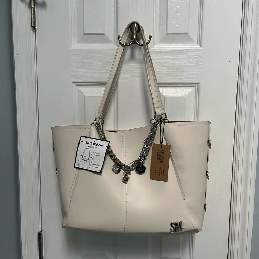 Steve Madden Vanilla Cream B swagger Tote Shoulder Bag Silver Chain Charms NWT - Picture 15 of 15